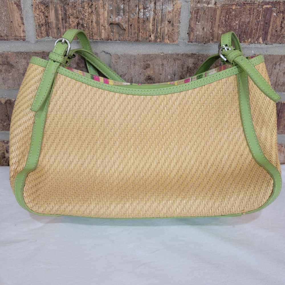 Fossil Tan Woven Straw Shoulder Bag 75082 Green Leather Trim Striped Lining